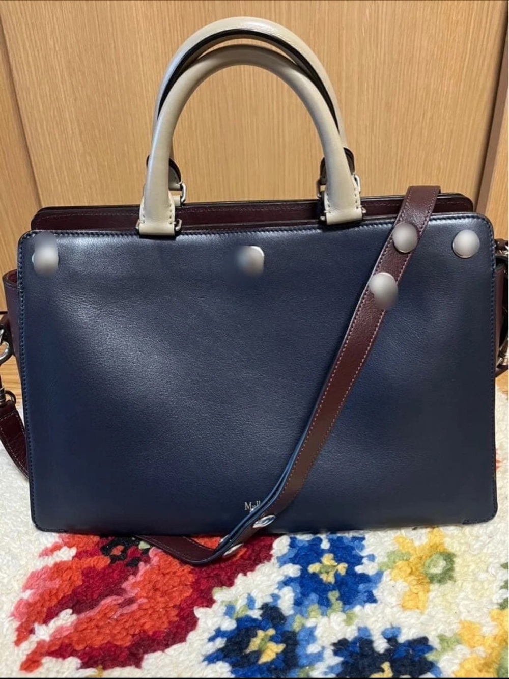 Mulberry Navy Leather Satchel with Brown Strap and Cream Handles